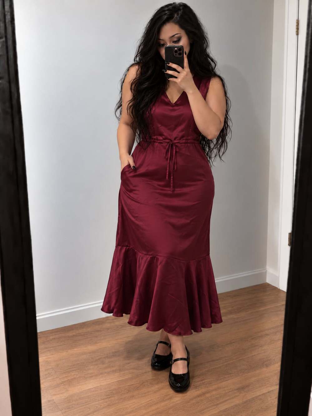HALARA V Neck Sleeveless Drawstring Side Pocket Ruffle Hem Midi Satin-Like